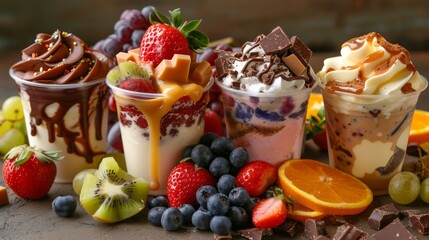 Fruits and other ingredients, such as strawberries, blueberries, kiwi, grapes, orange slices, caramel pieces, and chocolate chunks