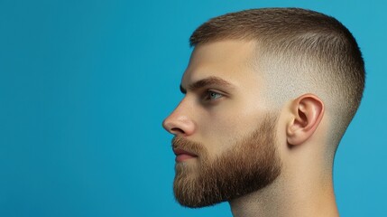 Obraz premium Side-view portrait of a young man with short hair and a trimmed beard against blue.