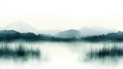 Obraz premium Serene Misty Mountain Lake Landscape: A Watercolor Dream