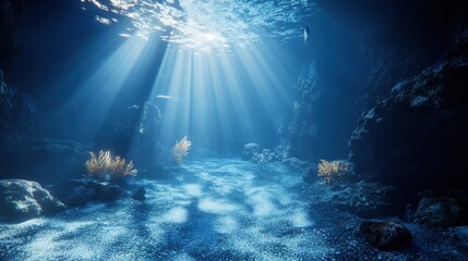 Obraz premium Submarine cave scene. Sunlight rays pierce deep underwater cavern