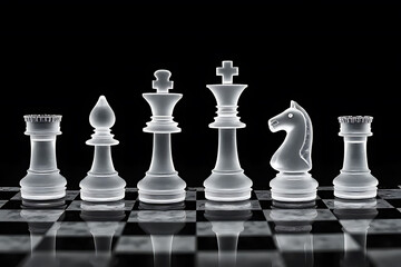 Chess game pieces abstract photography black background glass material close-up view strategy