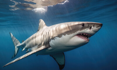 Fototapeta premium A great white shark swimming in the ocean