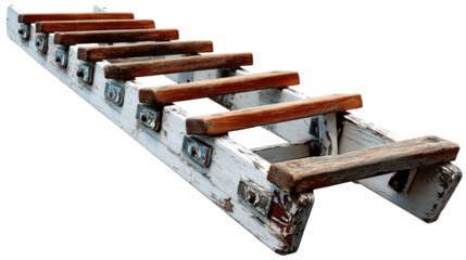 Rustic Wooden Boat Ladder: A weathered and rustic wooden boat ladder leans against a sunny deck, beckoning adventure and relaxation on the water. Its worn wooden rungs,  painted white.