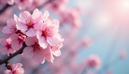 Delicate pink cherry blossoms, full bloom, soft petals , macro, detail