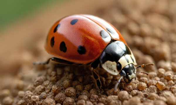 A ladybug perched on top of a small pile of dirt, possibly in a garden or backyard
