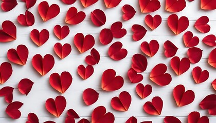 Scattered red heart shaped rose petals on a white wooden surface creating a love themed pattern