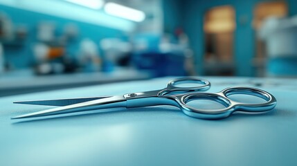 Stainless steel shears on a blue surface in a medical/beauty salon