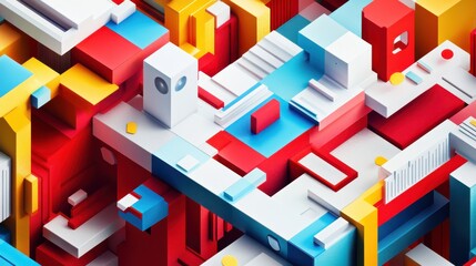 Vibrant Abstract Geometric Shapes in Bold Red, Blue, Yellow and White Color Palette