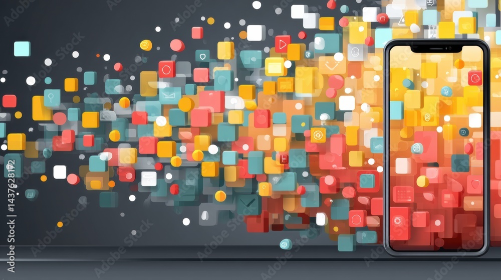 Aufkleber Stylized Smartphone With Colorful Interface Explosion of Icons and Notifications Showcasing Modern Digital Interaction and Connectivity