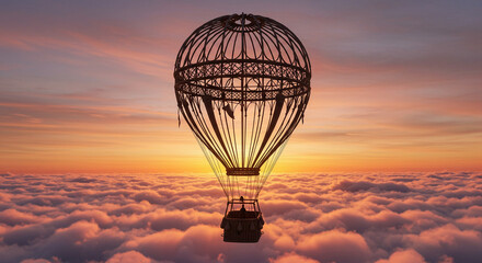 Hot air balloon above clouds at sunset, for travel blogs