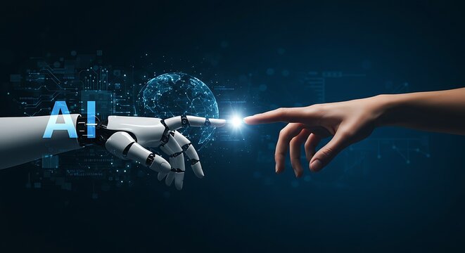 A human fingertip gently touches the glowing fingertip of a robotic hand, symbolizing the intersection of artificial intelligence and humanity against a digital backdrop.