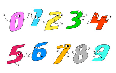 Colorful and Playful Cartoon Number Characters from Zero to Nine, Each with Googly Eyes, Arms, and Legs on a White Background, Ideal for Children's Learning and Educational Materials