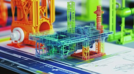 Colorful 3D Model of Oil Rig Structure with Technical Design Elements and Blueprints Background