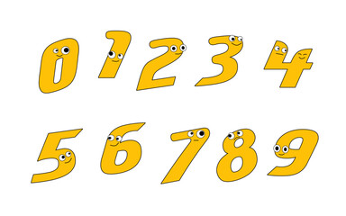 Playful Yellow Cartoon Number Characters from Zero to Nine with Googly Eyes and Simple Smiling Faces, Designed for Children's Education and Basic Arithmetic