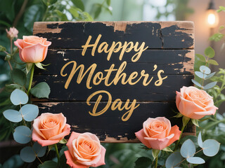A Mother's Day themed picture, in the center of the picture is a board with &ldquo;Happy Mother's Day&rdquo; handwritten in gold paint. The board is surrounded by orange-pink roses and light blue eucalyptus leave