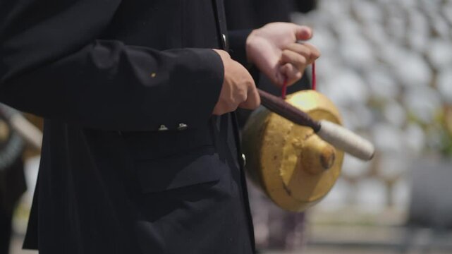 Probolinggo, East Java, Indonesia - August 3, 2023: The Tenggerese people of Bromo use the Slompret Naga, gongs, and drums during the Unan-Unan ceremony.