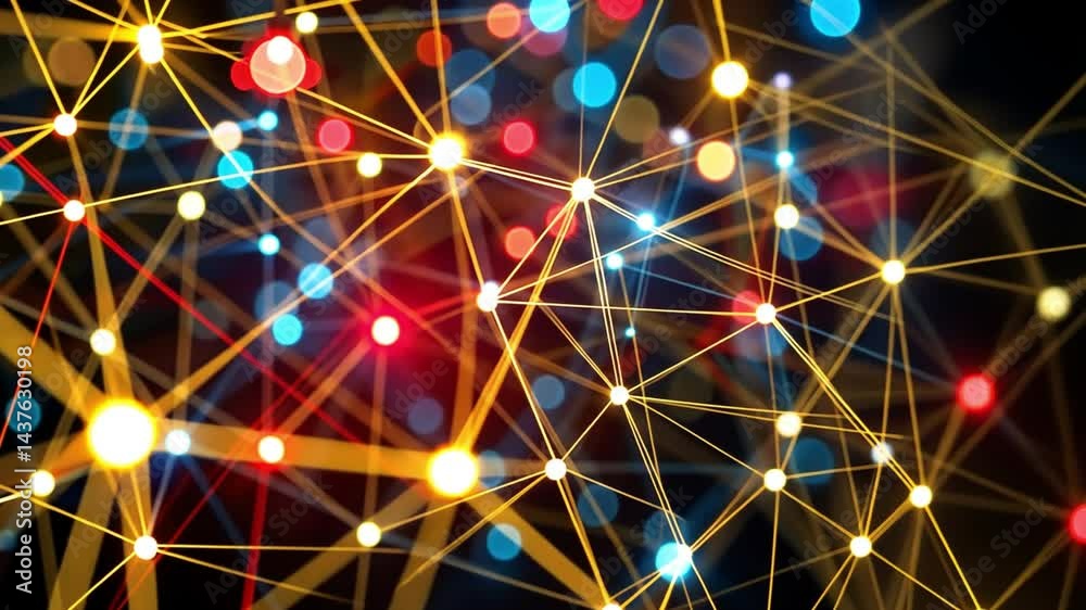 Poster vibrant abstract design of colorful lights and nodes digital network showcasing technology and conne