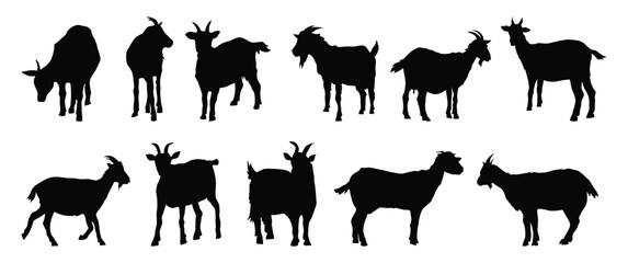 goat and goat kid silhouette set. goat and goat kid isolated farm animal silhouette icon vector collection