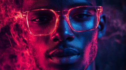 Close Up Portrait of Man with Glasses in Red and Blue Neon Light