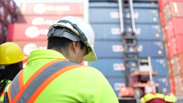 Port worker in safety gear watches a container stacker move blue and red shipping containers at an international freight terminal.