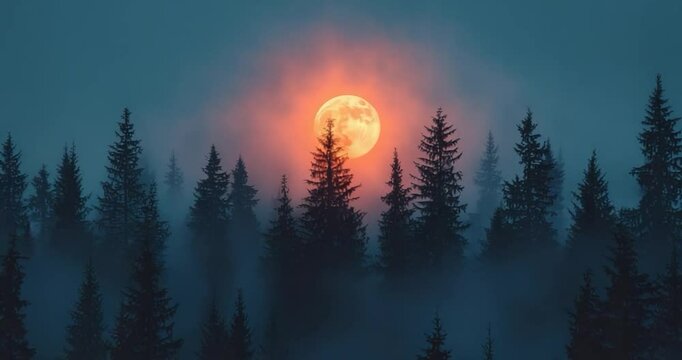 Misty forest orange moon
