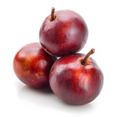 Three ripe dark red plums are stacked against a white backdrop, showcasing their smooth skin and natural stems for a fresh and inviting still life composition.