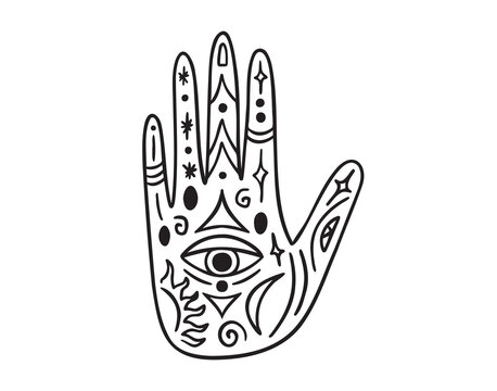 vintage hand or palm old fashion ethnic mystical outline tattoo. occult hand drawn symbol with eye. astrological and esoteric concept palm.
