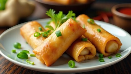 Crispy spring rolls, ginger, scallions, garnish, eat, dinner
