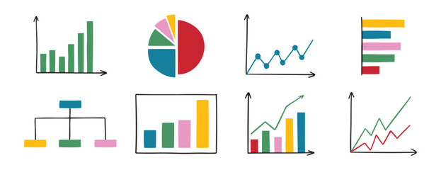 charts and graphs doodle hand drawn icon set. Different types of charts for business presentation. data and analytics diagram cartoon concept drawing