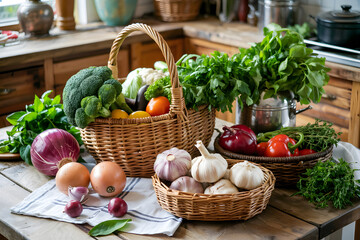 Fresh vegetables filling wicker baskets in rustic kitchen setting