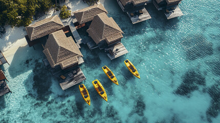 Luxurious overwater bungalows with kayaks in clear turquoise water create serene escape