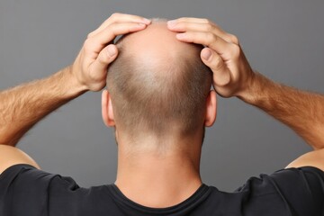 Naklejka premium Man is touching his bald head from behind, showing hair loss