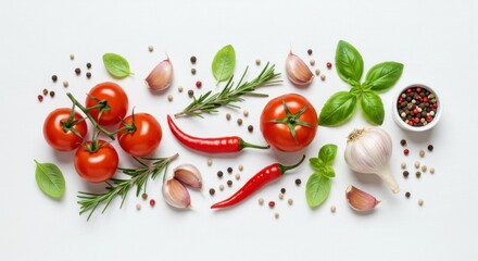 Overhead shot of tomatoes, garlic, chili peppers, rosemary, and basil on a white background