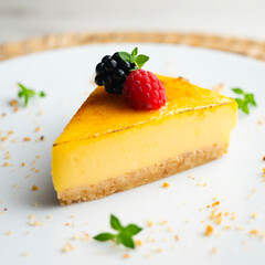 Burnt Catalan custard tart with a biscuit base. Top view of a table.