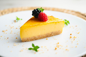 Burnt Catalan custard tart with a biscuit base. Top view of a table.