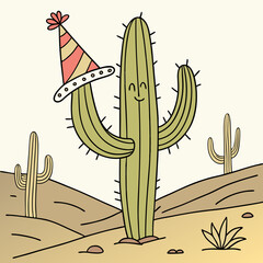 Fun Cactus Wearing Party Hats – Playful and Festive Cartoon Vector Illustration