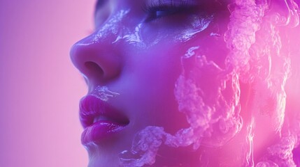 Closeup Portrait of Woman with Pink and Purple Lighting