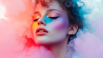 Obraz premium Woman with Colorful Makeup in Pastel Clouds