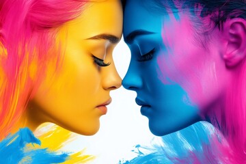 Obraz premium Two models posing with colorful body painting touching noses