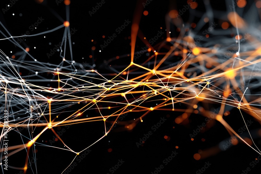 Poster Glowing Neural Network Threads Create a Captivating Design Against a Deep Black Background at Night