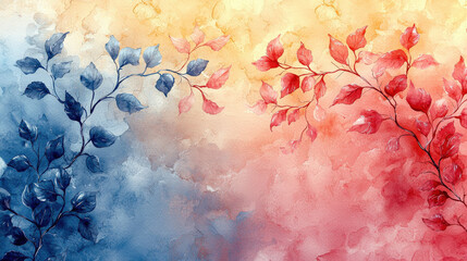 Fototapeta premium Artistic watercolor leaves imaginary landscape visual art vibrant colors abstract perspective nature concept