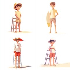 Four boys on beach, one surfing, two on ladders, one with crutches.