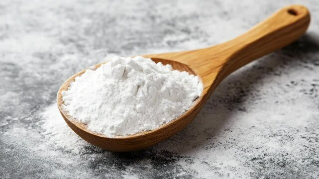 Wooden spoon holding white powder against a gray textured background for baking preparation