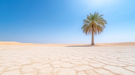 Solitary palm tree in cracked desert landscape