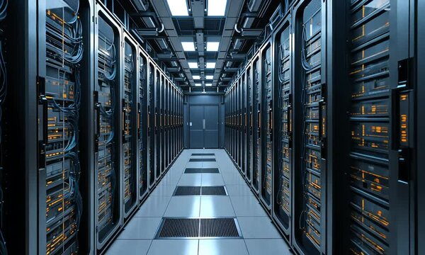 Empty futuristic server room with rows of black and silver racks under cold artificial light, glossy floor with reflections, high-tech infrastructure atmosphere