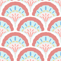 Pastel Scallop Fan Pattern. Soft pastel fan scallop pattern with blue, pink, and yellow accents. Calm and elegant for textiles or stationery.
