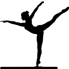 Black silhouette of a gymnast performing an elegant balance on the beam, symbolizing strength, flexibility, and precision, ideal for gymnastics, fitness, and athletic designs.