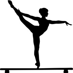 Black silhouette of a gymnast performing an elegant balance on the beam, symbolizing strength, flexibility, and precision, ideal for gymnastics, fitness, and athletic designs.
