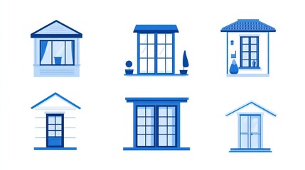 Six house exterior designs; windows, doors, and small balconies;  illustration for architecture