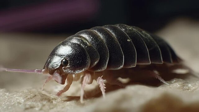 Close-up of a pill bug walking on a textured surface, showcasing its segmented body and small legs in a macro shot.